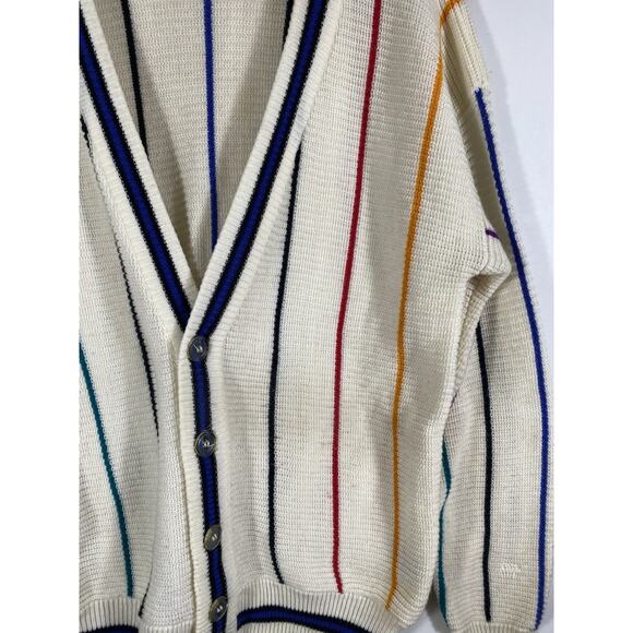 Vintage OP Cardigan Sweater Mens Large Rainbow Stripe White Chunky Knit Grandpa - Picture 3 of 13